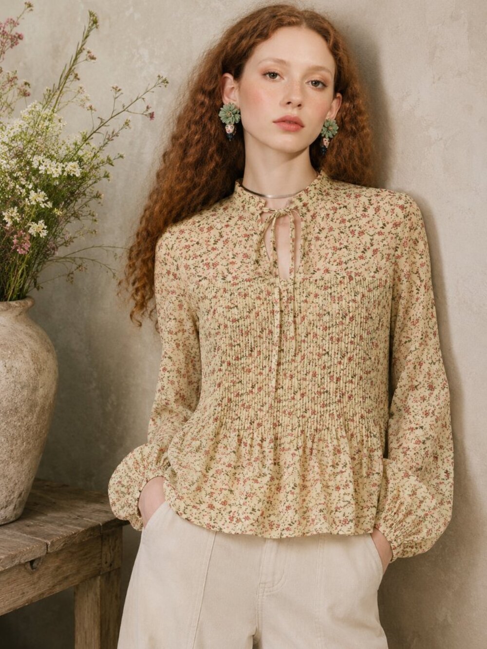 Pleione x Anthropologie Floral Blouse with Tie Neck